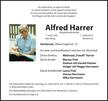 Traueranzeige von Alfred Harrer von Hersbrucker Zeitung