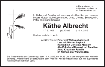 Traueranzeige von Käthe Albrecht von Der Bote