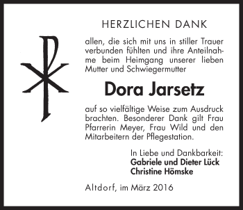 Traueranzeige von Dora Jarsetz von Der Bote