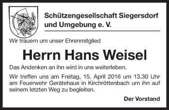 Traueranzeige von Hans Weisel von Pegnitz-Zeitung