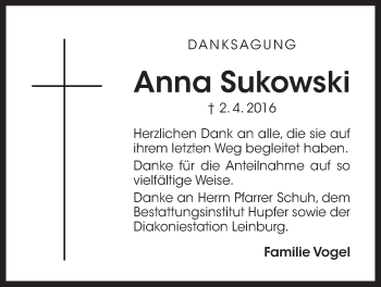 Traueranzeige von Anna Sukowski von Der Bote