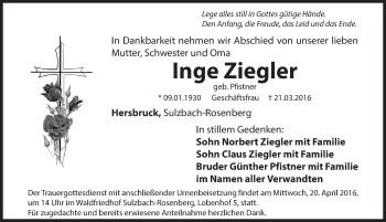 Traueranzeige von Inge Ziegler von Hersbrucker Zeitung