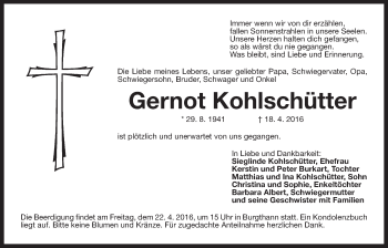 Traueranzeige von Gernot Kohlschütter von Der Bote