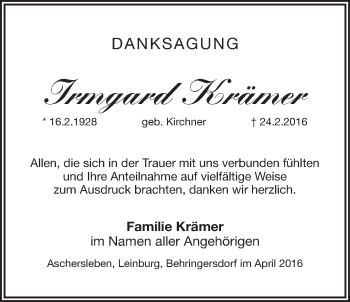 Traueranzeige von Irmgard Krämer von Der Bote