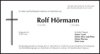 Traueranzeige von Rolf Hörmann von Pegnitz-Zeitung