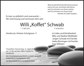 Traueranzeige von Willi Schwab von Hersbrucker Zeitung