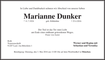 Traueranzeige von Marianne Dunker von Pegnitz-Zeitung