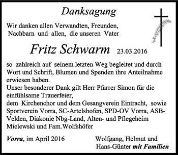 Traueranzeige von Fritz Schwarm von Hersbrucker Zeitung