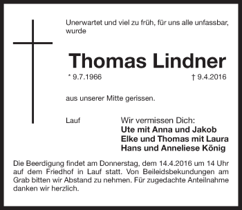 Traueranzeige von Thomas Lindner von Pegnitz-Zeitung