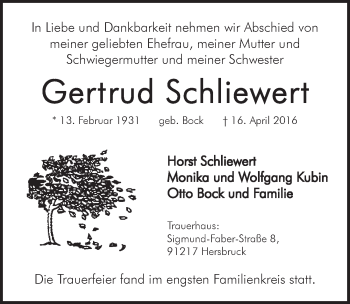 Traueranzeige von Gertrud Schliewert von Hersbrucker Zeitung