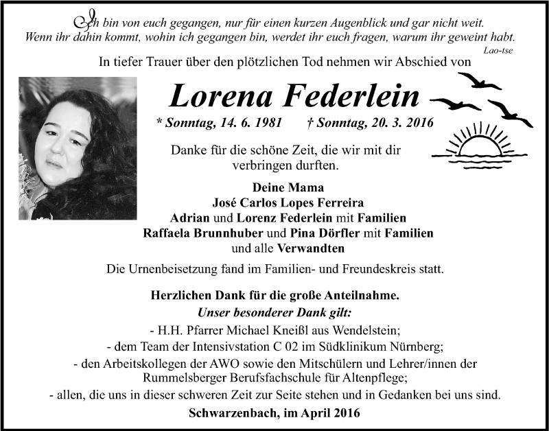  Traueranzeige für Lorena Federlein vom 09.04.2016 aus Der Bote