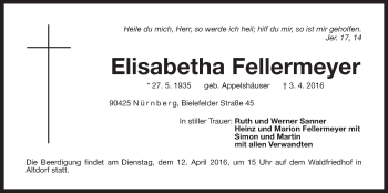 Traueranzeige von Elisabetha Fellermeyer von Der Bote