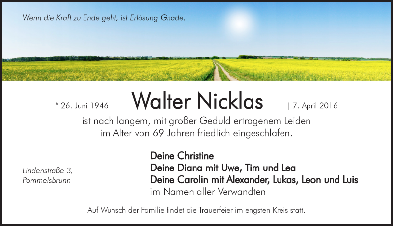  Traueranzeige für Walter Nicklas vom 09.04.2016 aus Hersbrucker Zeitung