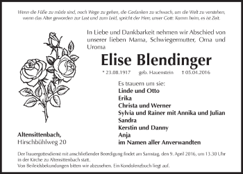 Traueranzeige von Elise Blendinger von Hersbrucker Zeitung