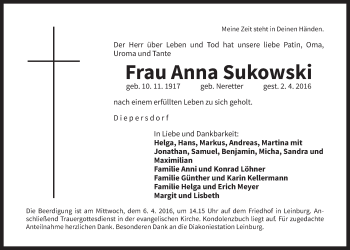 Traueranzeige von Anna Sukowski von Der Bote