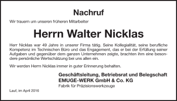 Traueranzeige von Walter Nicklas von Pegnitz-Zeitung