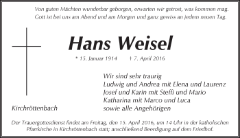 Traueranzeige von Hans Weisel von Pegnitz-Zeitung