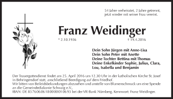 Traueranzeige von Franz Weidinger von Pegnitz-Zeitung