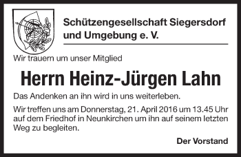 Traueranzeige von Heinz-Jürgen Lahn von Pegnitz-Zeitung