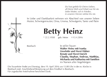 Traueranzeige von Betty Heinz von Pegnitz-Zeitung