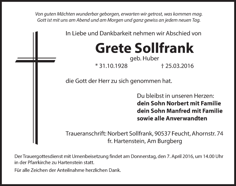  Traueranzeige für Grete Sollfrank vom 02.04.2016 aus Hersbrucker Zeitung