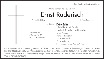 Traueranzeige von Ernst Ruderisch von Hersbrucker Zeitung