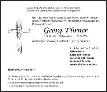 Traueranzeige von Georg Pürner von Hersbrucker Zeitung