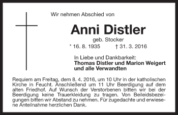 Traueranzeige von Anni Distler von Der Bote