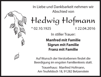 Traueranzeige von Hedwig Hofmann von Hersbrucker Zeitung