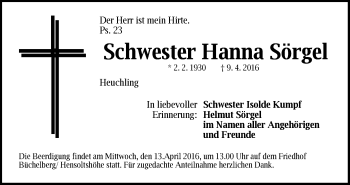 Traueranzeige von Hanna Soergel von Pegnitz-Zeitung