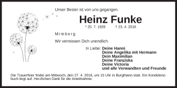 Traueranzeige von Heinz Funke von Der Bote