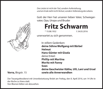 Traueranzeige von Fritz Schwarm von Hersbrucker Zeitung