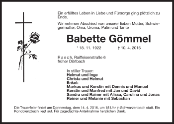 Traueranzeige von Babette Gömmel von Der Bote
