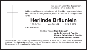 Traueranzeige von Herlinde Bräunlein von Der Bote
