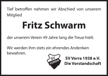 Traueranzeige von Fritz Schwarm von Hersbrucker Zeitung