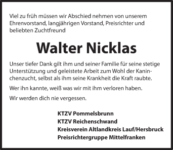 Traueranzeige von Walter Nicklas von Hersbrucker Zeitung