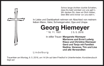 Traueranzeige von Georg Hiemeyer von Der Bote