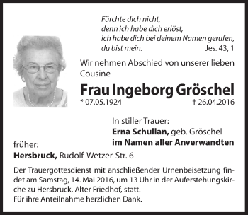 Traueranzeige von Ingeborg Gröschel von Hersbrucker Zeitung