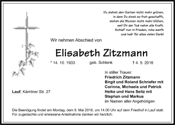 Traueranzeige von Elisabeth Zitzmann von Pegnitz-Zeitung