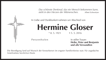 Traueranzeige von Hermine Gloser von Der Bote