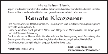 Traueranzeige von Renate Klapperer von Hersbrucker Zeitung