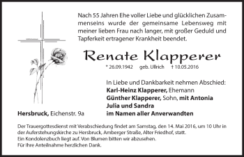 Traueranzeige von Renate Klapperer von Hersbrucker Zeitung