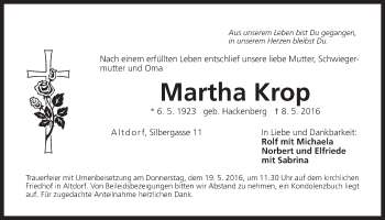 Traueranzeige von Martha Krop von Der Bote