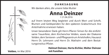 Traueranzeige von Anna Deinzer von Hersbrucker Zeitung