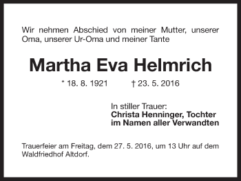 Traueranzeige von Martha Eva Helmrich von Der Bote