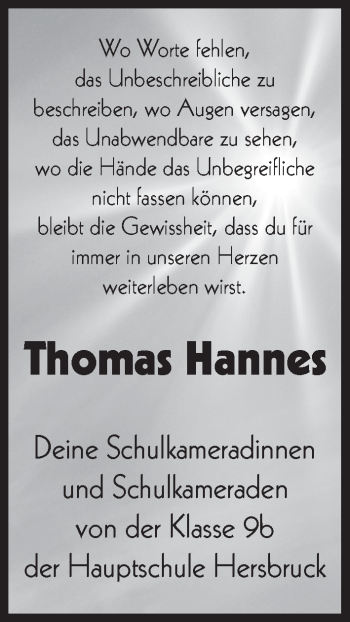 Traueranzeige von Thomas Hannes von Hersbrucker Zeitung