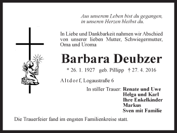 Traueranzeige von Barbara Deubzer von Der Bote
