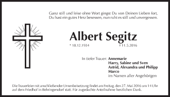 Traueranzeige von Albert Segitz von Pegnitz-Zeitung
