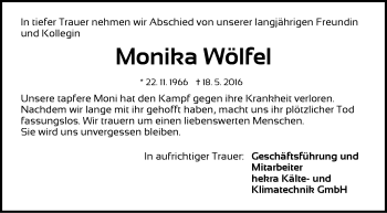 Traueranzeige von Monika Wölfel von Pegnitz-Zeitung
