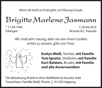 Traueranzeige von Brigitte Marlene Jasmann von Hersbrucker Zeitung